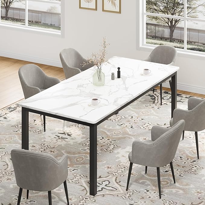 GarveeHome 78.7in Industrial Dining Table for 6, Wooden Long Dinner Table with Mortise Tenon Design, Kitchen Table with Sturdy Metal Legs, for Dining Room Home Office Living Room, White