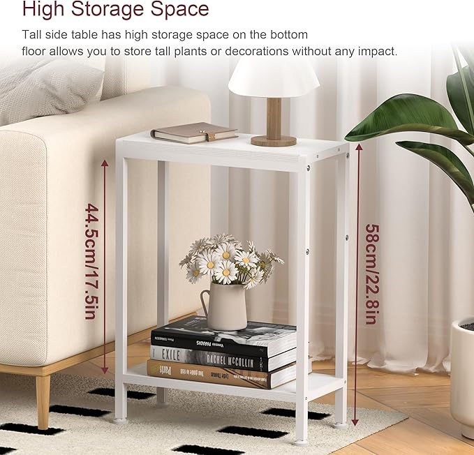Narrow Side Table for Small Space, 2-Tier Small End Table with Shelf Holder, Slim Nightstand, Skinny Snack Couch Table in Living Room, Bedroom, Study, Kitchen and Balcony (White)