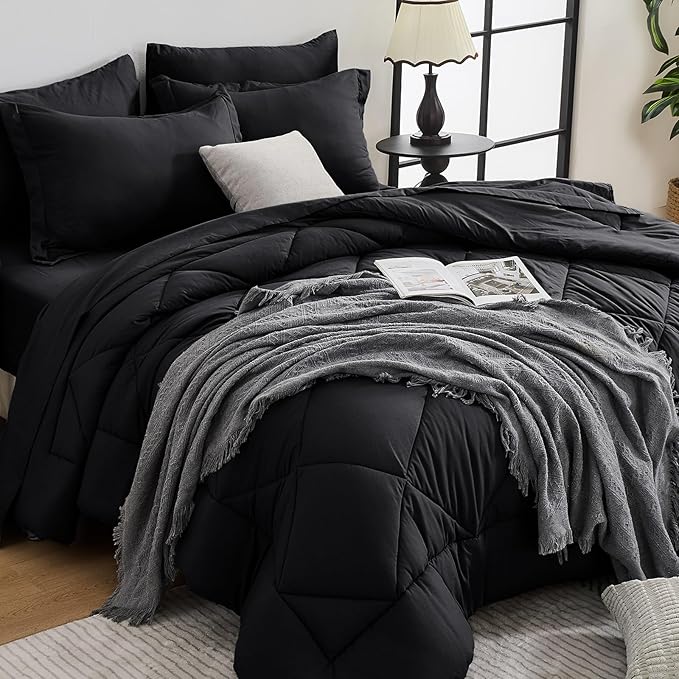 HEVUMYI Black Cali-King Comforter Set - 7-Piece All Season Bed in a Bag Cali-King, Ultra Soft Bedding Set with Comforter, Flat Sheet, Fitted Sheet, Pillowcases, Pillow Shams, Black