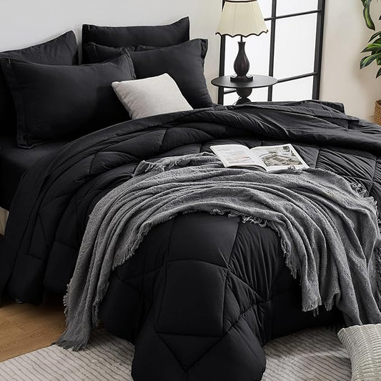 HEVUMYI Black Queen Comforter Set - 7-Piece All Season Bed in a Bag Queen, Ultra Soft Bedding Set with Comforter, Flat Sheet, Fitted Sheet, Pillowcases, Pillow Shams, Black