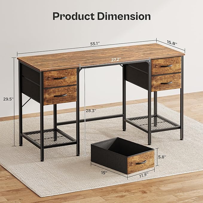 Huuger 55 Inch Computer Desk with 4 Drawers, Office Desk with Mesh Shelf, Gaming Desk, Large Storage, Writing Desk Work Desk for Home Office, Study, Bedroom, Work from Home, Rustic Brown