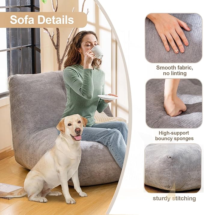 Bean Bag Chairs for Adults, Memory Foam Bean Bag Chair, Spacious Single Sofa, Ergonomic Support Reading Floor Sofa Chair with Filler, Comfy Cozy Beanbag Couch for Bedroom Living Room (Grey)