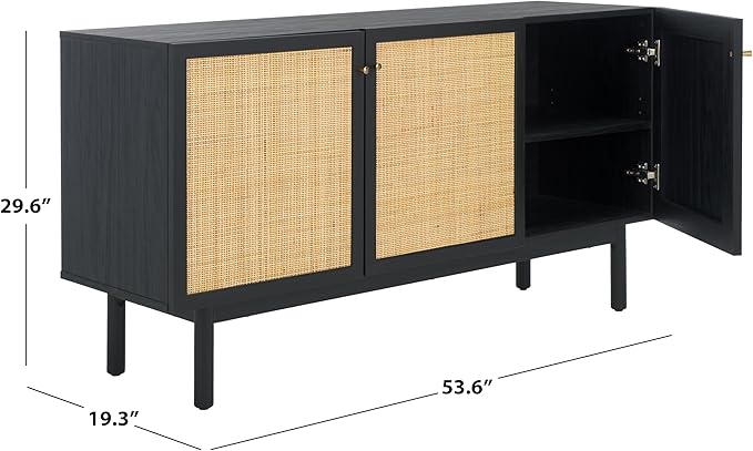 SAFAVIEH Aino TV Stand for up to 60" Flatscreen – Black with Rattan Mesh, 3 Doors with Interior Storage, Sideboard Cabinet, Entertainment Media Console (MED9618B)