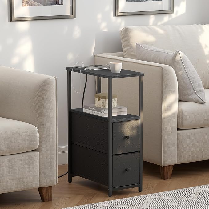 TUTOTAK Small Narrow End Table with Charging Station, Set of 2, Side Table with Outlets, Nightstand with 2 Cloth Drawers, Couch Table, for Living Room, Bedroom, Bedside, Black TB01BK055