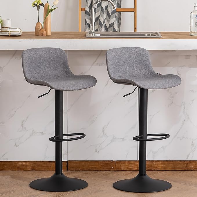 YOUTASTE Fabric Grey Bar Stools Set of 2, Adjustable Counter Height Barstools Swivel Modren Bar Stool with Back Metal Legs, Breakfast Bar Chairs for Kitchen Island Home Bistro