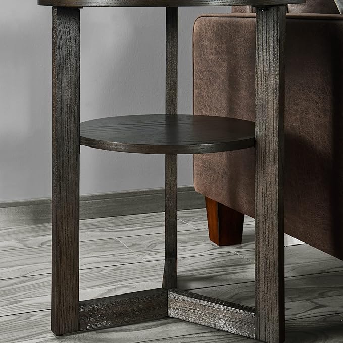 Small Round End Table, Rustic Side Table with Storage shelf, Classic Circular Solid Wood Beside Table, 2-tier Telephone Table, Easy Assembly for Living Room 24”H x 19.3”D Brushed Black BZ3338BK