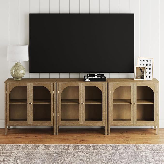 Nathan James Mason TV Stand, Free Standing Accent Sideboard Buffet, Credenza with Glass Doors and Adjustable Shelf in Brushed Light Brown Wood for Dining Room, Entryway and Living Room, Set of 3