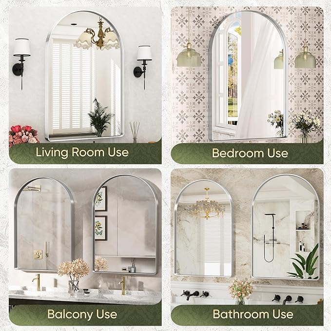Suidia 22" x 30" Bathroom Mirror, Bathroom Vanity Mirror Metal Framed, Wall-Mounted Mirrors for Bedroom, Living Room, Entryway, Hallway, Silver, Arch Style