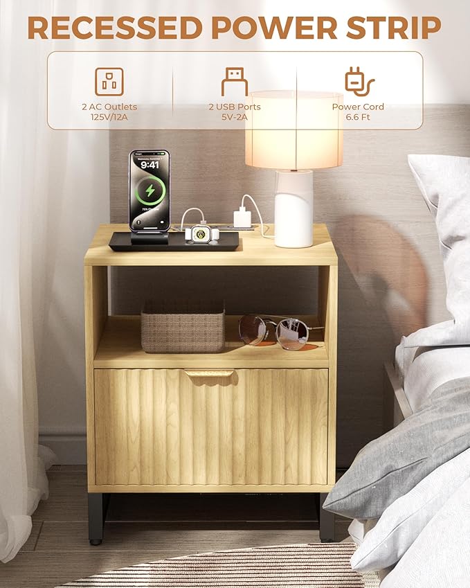 Fluted Night Stand Set 2 with Charging Station, Wood Nightstand with Large Drawer and Open Storage Cabinet, Mid-Century Modern Bedside Table End Table for Bedroom Closet Office