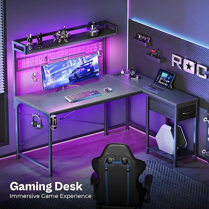 PRAISUN L Shaped Gaming Desk with Shelves, Corner Computer Table with LED Lights, Power Outlets and USB-C Ports, 50 Inch Home Office Desk with Storage Drawer, for Work and Study, Carbon Fiber Black