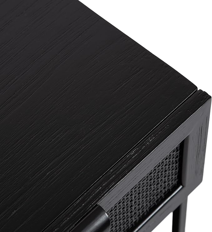 Kate and Laurel Ori Modern Cane Rectangle Side Table, 18 x 15 x 24, Black, Versatile Rattan Living Room End Table with Drawer for Storage and Home Decor