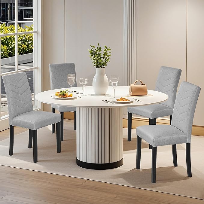 VECELO Upholstered Dining Chairs Set of 6, Fabric Wood Legs High Back for Kitchen Living Room, Light Gray