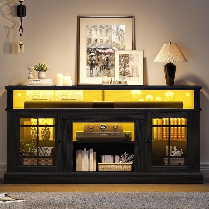 YITAHOME Black TV Stand for 75 Inch TV, LED Modern Entertainment Center with Adjustable Shelves and Glass Doors, 32'' Tall Television Stands TV Media Console Table for Living Room, Black