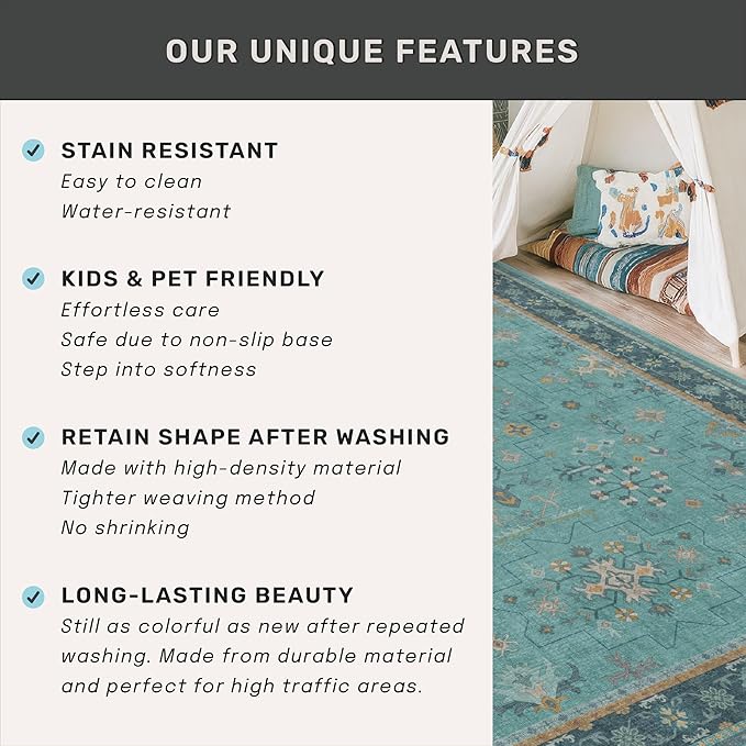 5x7 Teal Rug for Living Room, Boho Turquoise Rugs for Bedroom, Modern Eclectic Low-Pile Carpet for Dining Table, Washable Non-Slip with Rubber Back