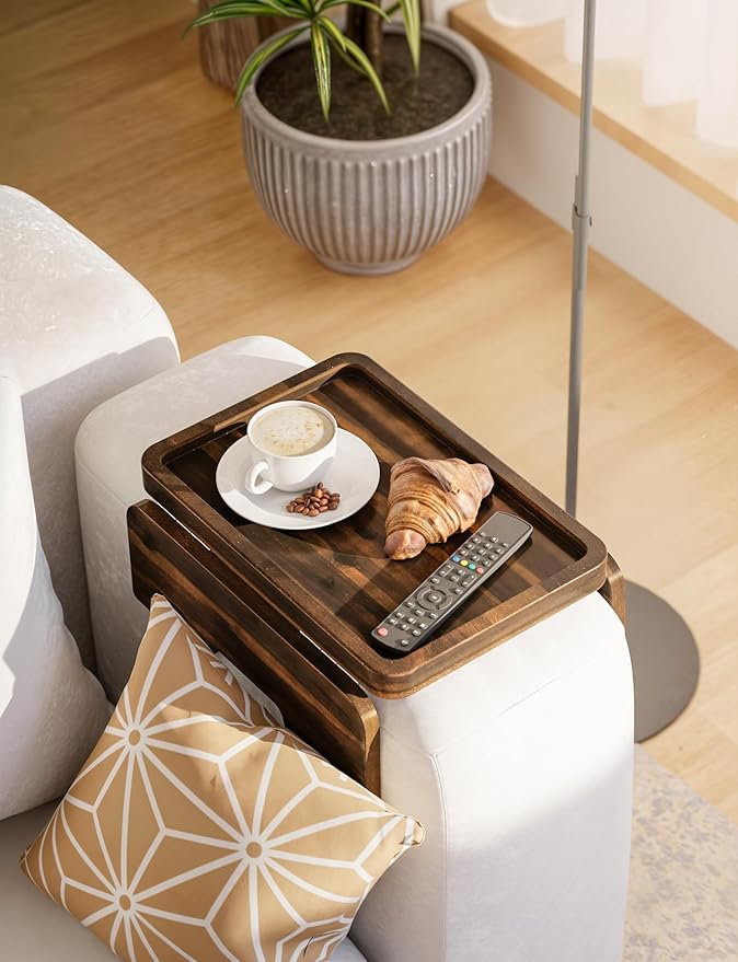 HOLANA Acacia Couch Armrest Table with 360° Rotating Phone Holder, Wooden Couch Tray – Sofa Side Table, Armchair Caddy for Home Sofa Living Room (Walnut, 13.75" D x 9.5" W x 2" H)