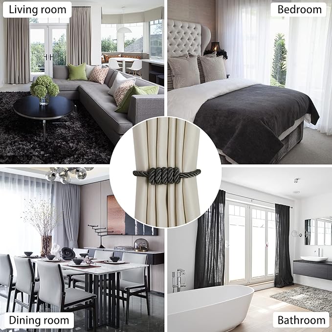 BEL AVENIR Magnetic Curtain Tiebacks, Decorative Drapery Holdbacks Modern Woven Tie-Backs with Exquisite Knot (Charcoal, 4 Pack)