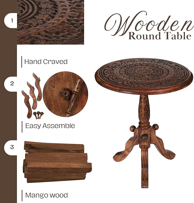 The Wooden Town Handcrafted Carved Round Side Table – 18x21 Inch Coffee Table for Living Room | Solid Wood Accent End Table with Pedestal Base | Altar Table for Home Décor