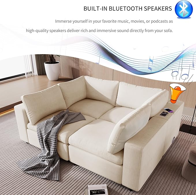 133.9 Inch Modular Convertible Sectional Sofa with Storage, USB Ports, Wireless Charging & Built-in Speaker in Arm, L-Shaped Upholstered Sleeper Couch for Living Room Office, Beige