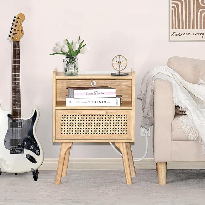 Lerliuo Rattan Nightstand with Charging Station, Boho Side Table with Drawer Open Shelf, Cane Accent Bedside End Table for Bedroom, Dorm and Small Spaces