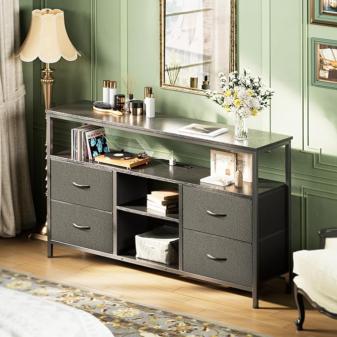 Huuger 47 Inch TV Stand Dresser with Power Outlets and LED Lights, 4 Drawers Entertainment Center with Open Shelf, Media Console for 55 50 Inch TV, Dresser with PU Finish, Grey and Black