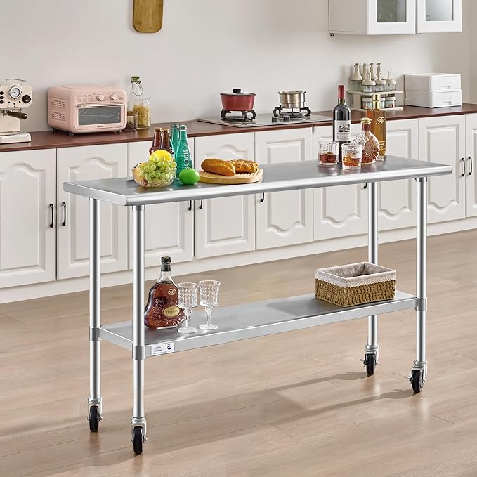 ROCKPOINT Stainless Steel Table for Prep & Work with Caster Wheels 18x72 Inches, NSF Metal Commercial Kitchen Heavy Duty Table with Adjustable Under Shelf and Table Foot for Restaurant, Home and Hotel