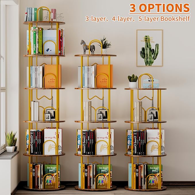 5 Tier Rotating Bookshelf, 360° Spinning Bookshelf Tower, Round Narrow Space Saving for Books and Display, Revolving Bookcase Corner Tall Book Shelf for Small Spaces, Bedroom, Living Room, Gold