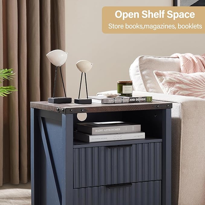 Navy Blue Nightstand with Charging Station Set of 2-20 Inch Wide Farmhouse Fluted Bedside Table with 2 Drawers, Modern Wood End Side Table for Bedroom Study Storage Home