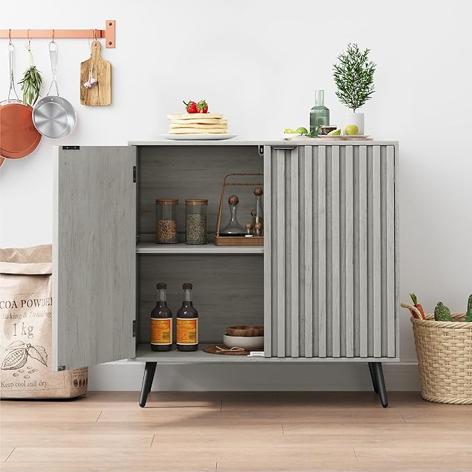 Smuxee Freestanding Fluted Sideboard, Grey Wash Buffet with Wood Storage, Adjustable Shelf for Living Room, Entryway, Hallway