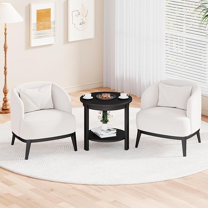 Small Round Wood Coffee Table with Storage Shelf, Living Room Side Table for Couch Sofa, 22 x 20 Inches, 3-Tier Mid Century Modern Wooden End Table for Bedroom, Black