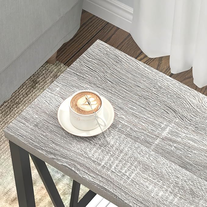 FOLUBAN End Table, Rustic Wood and Metal Side Table with Storage, Modern NightStand for Living Room Bedroom, Small Spaces, Light Grey