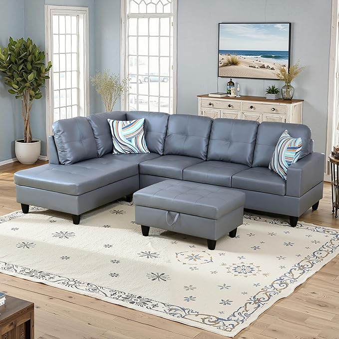 NicBex Sectional Couch 3 Pieces Sofa Set with Right Chaise Synthetic Leather L Shaped Cloud Couch for Living Room Furniture Sets with Storage Ottoman, Modular Sofa for Living Room & Apartment, Gray