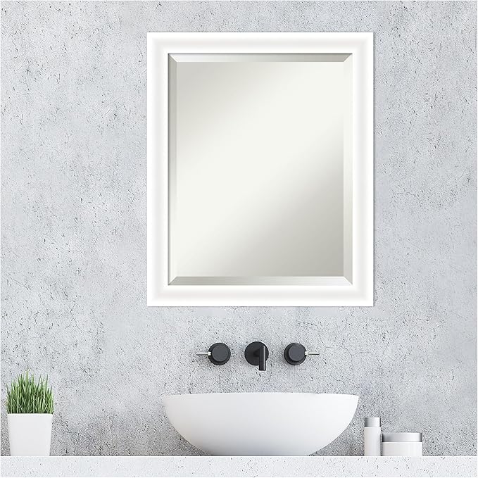 Amanti Art White Bathroom Mirror for Over Sink, 23x19 Oliver White Narrow Rectangle Vanity Mirror, Small Modern Wood Frame, Hangs Horizonally and Vertically, Bathroom Wall Decor, Beveled Edge
