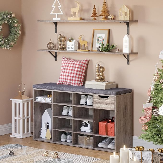 DINZI LVJ Shoe Bench, Entryway Storage Bench with Drawer and 15 Cubbies, Cubby Shoe Rack with Adjustable Shelves, Shoe Organizer Cabinet for Living Room, Bedroom, Mudroom, Closet and Garage, Greige