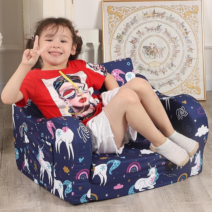 Rainbow Unicorn Kids Sofa, 2-in-1 Kids Couch Fold Out, Convertible Sofa to Bed for Girls and Boys