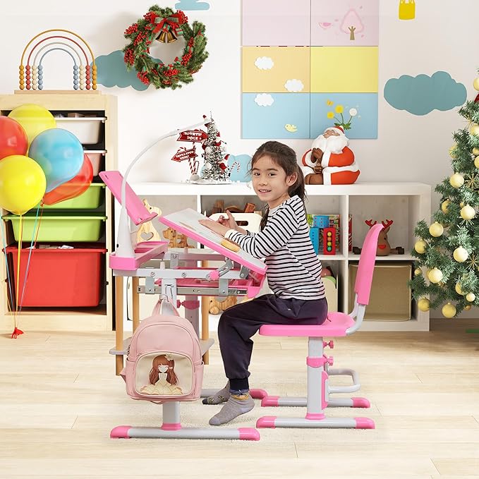 Real Relax Kids Desk and Chair Set, Children's Multifunctional School Tables with Tilt Desktop, LED Light, Metal Hook Pink