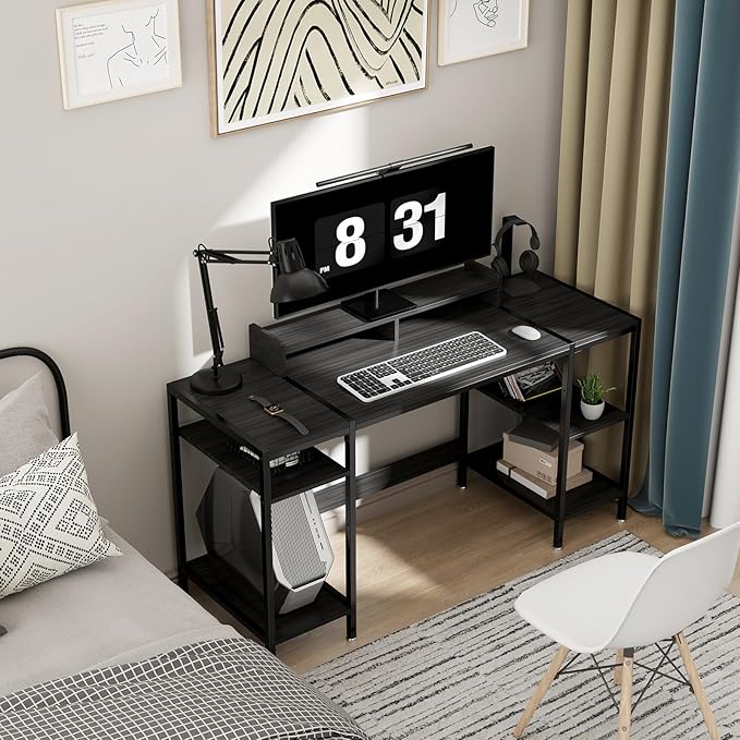 Computer Desk Gaming Desk with Monitor Stand, Home Office Desk Suitable for 2 Monitors, Writing Desk with Adjustable Storage Space,Sturdy and Durable Modern Small Desk (Black, 55 inchs)