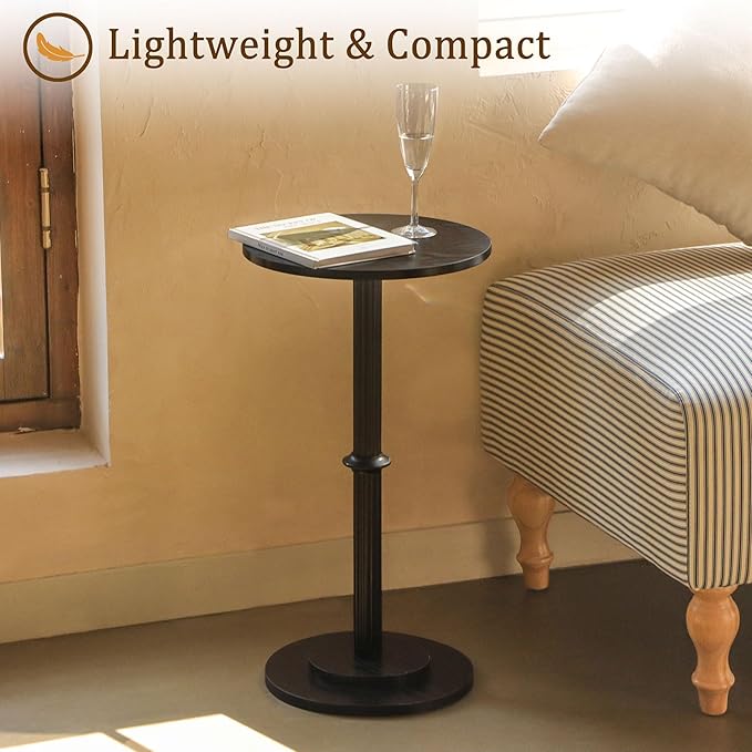 MaxSmeo Drink Table, Small Side Table for Small Spaces, Modern Round End Table with Fluted Wood Leg, Black