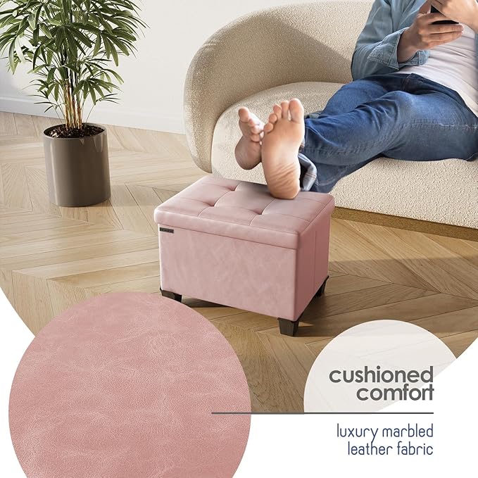 STORAGEBUD Storage Ottoman Cube with Small Bin, 16-in Square Ottoman with Storage for Living Room and Bedroom, Small Ottomans Foot Rest, Faux Leather Foot Stools Ottomans Max 330lbs, Pink