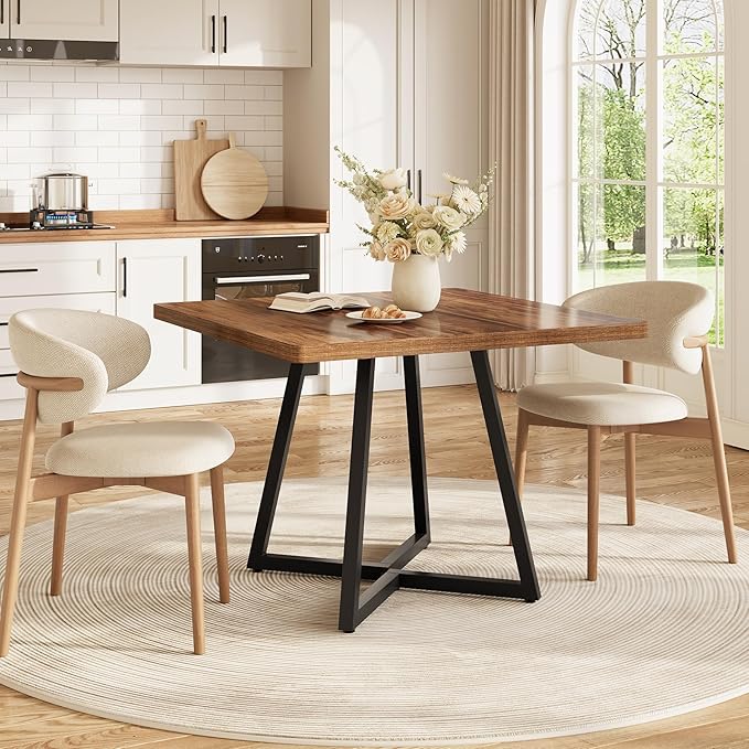 LITTLE TREE 31.5 Inches Small Dining Table for 4, Square Dinner Table for Small Space, Dining Room Tables, Rustic Brown Wooden Kitchen Table with Metal Legs, Modern Leisure Cafe Table for Apartment