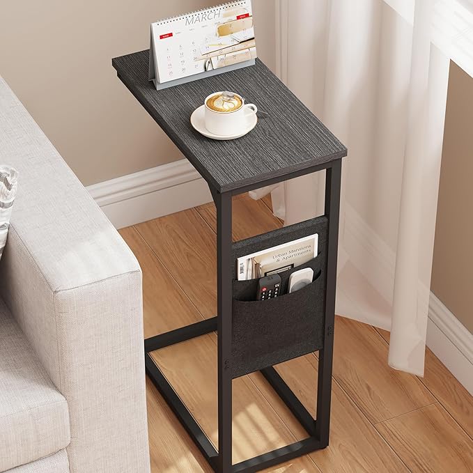 TUTOTAK C Shaped End Table, Side Table for Couch, Sofa Table with Storage Bag, TV Tray for Living Room, Bedroom, Black TB01BK0822