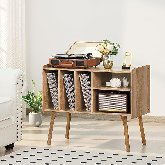 Lerliuo Record Player Stand with 4 Cabinet Holds Up to 220 Albums, Large Turntable Stand with Beech Wood Legs, Mid-Century Record Player Table