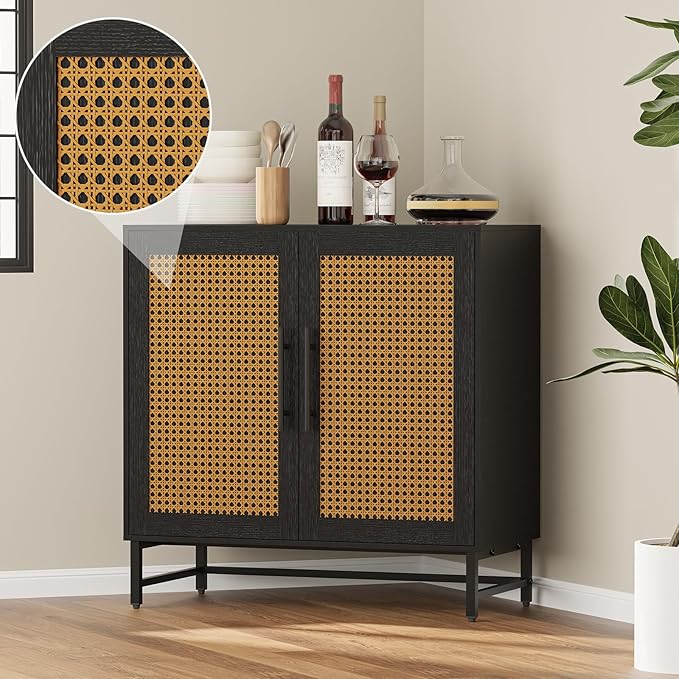 KFO Storage Cabinet with Rattan Doors, Free Standing Buffet Cabinet, Modern Sideboard for Living Room, Hallyway, Entryway
