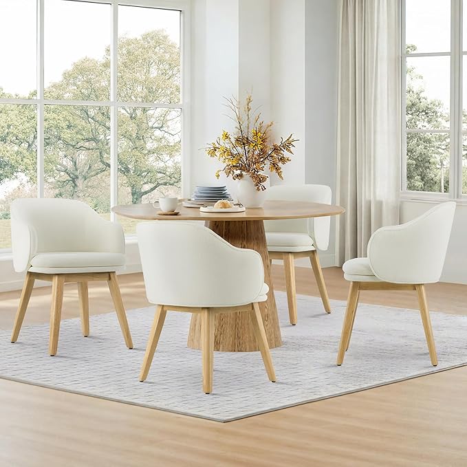 Wooden Dining Chairs Set of 2, Fabric Upholstered Modern Dining Room Chairs with Barrel Backrest & Double-Layer Thick Cushion for Living Room, Restaurant, Kitchen and Café, Beige