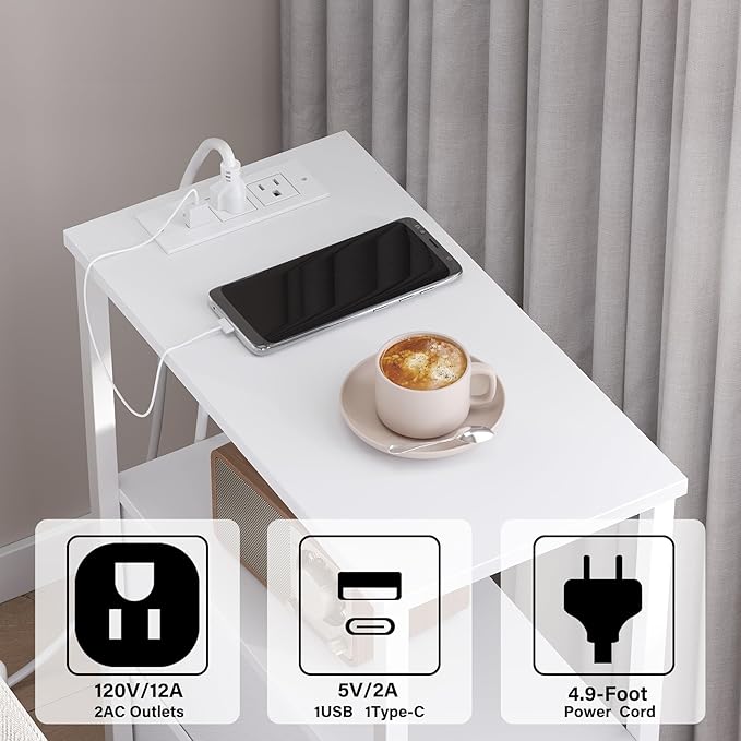 TUTOTAK Small Narrow LED End Table with Charging Station, Side Table Outlets, Nightstand with 2 Cloth Drawers, Couch Table, for Living Room, Bedroom, Bedside, White TB01BW085L
