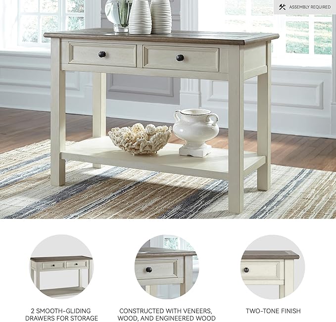 Signature Design by Ashley Bolanburg Farmhouse Rectangular Two Tone Sofa Table, Antique Cream