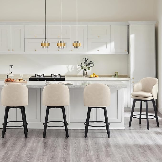 Counter Height Barstools 26 inch Upholstered Swivel Bar Stools with Back and Wood Legs for Kitchen Island,Set of 4,Beige PU Leather