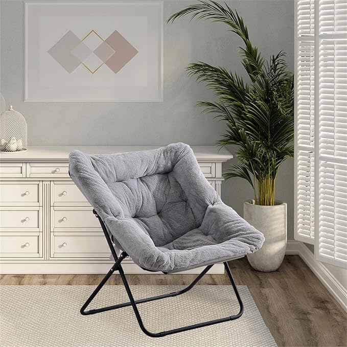Comfy Dorm Chair - Oversized Folding Saucer Chair with Soft Faux Fur, Metal Frame, for Bedroom, Living Room, Balcony, Patio, Study, Playroom (Grey)
