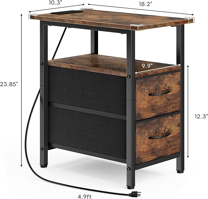 Vagusicc End Table with Charging Station Set of 2, Narrow Side Table, 23.8'' Tall Nightstand with 2 Drawers, Small Sofa Side Table Narrow Nightstand for Small Spaces Living Room, Bedroom, Rustic Brown