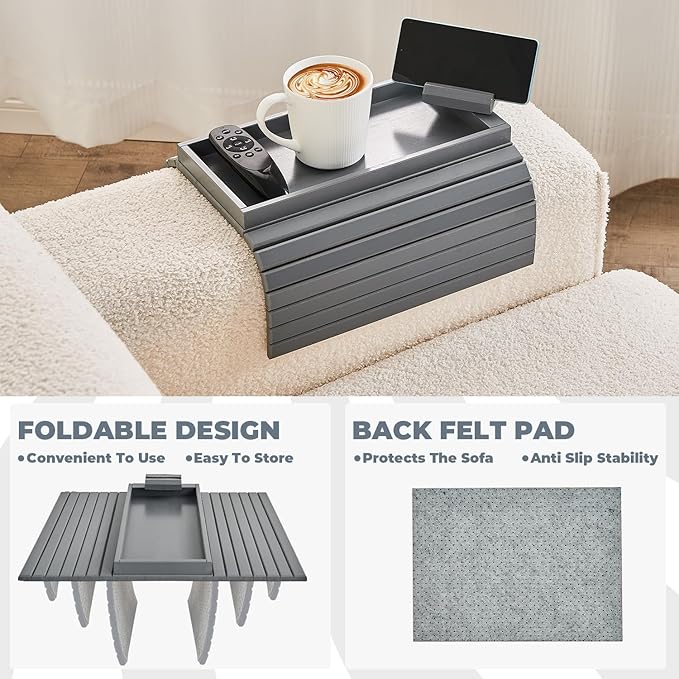 Bamboo Sofa Arm Tray, Anti Falling Couch Arm Tray Armrest Table with 360° Rotating Phone Holder, Foldable and Portable Sofa Armrest Trays Cup Holder for Drink,Cups, Phone, Snacks, Remote