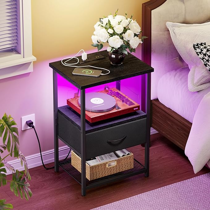 Fixwal Night Stand with Charging Station, LED Nightstand Side Table with Fabric Drawers PU Finish, End Tables Bedroom, Bedside Table, Black